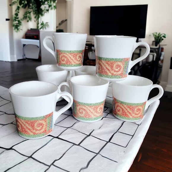 CORELLE Sand Art (7) Ceramic Coffee Cups in Orange and Green Design - Picture 4 of 6